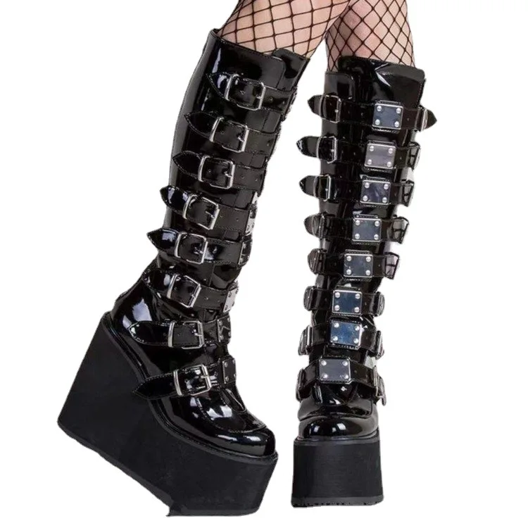 Leather Boots Black Platform High Wedges Women Shoes Gothic Style - Image 3